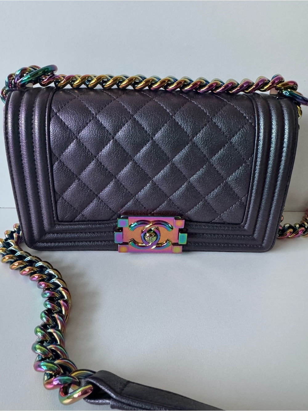 Chanel Small Iridescent Black Quilted Boy Bag with Multicolor Chain